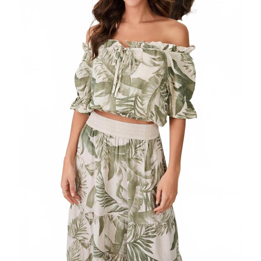 NEW MILIO MILANO hawaiian print crop off the shoulder top in olive